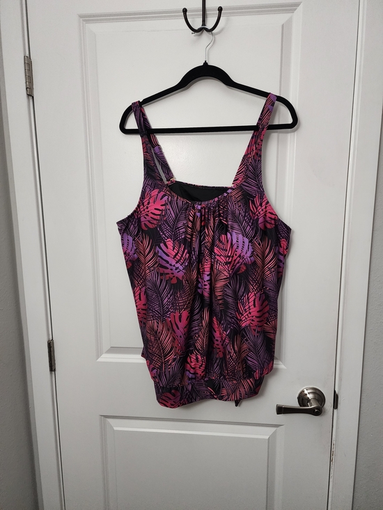 None Other - Tropical Leaf Scoop Neck Swim Tankini  in Pink & Purple